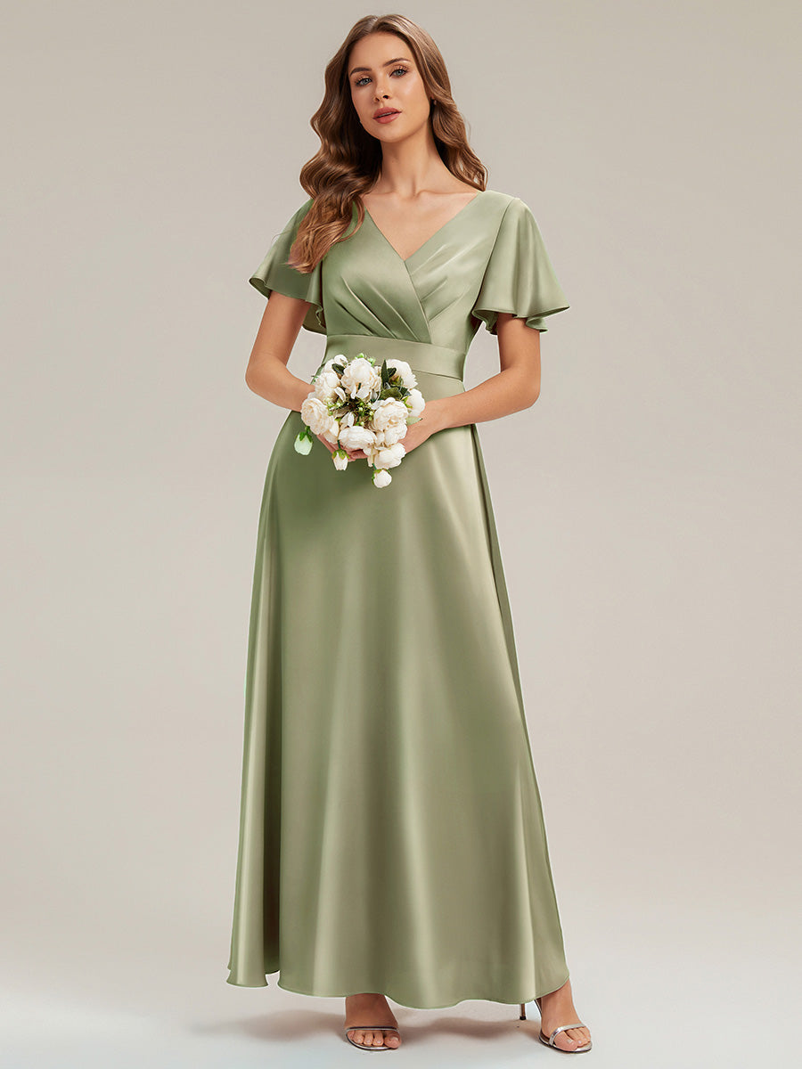 Gathered Satin Ruffle Sleeve Bridesmaid Dress #color_Sage Green