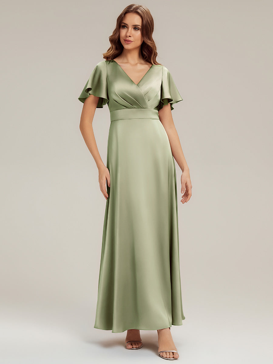 Gathered Satin Ruffle Sleeve Bridesmaid Dress #color_Sage Green