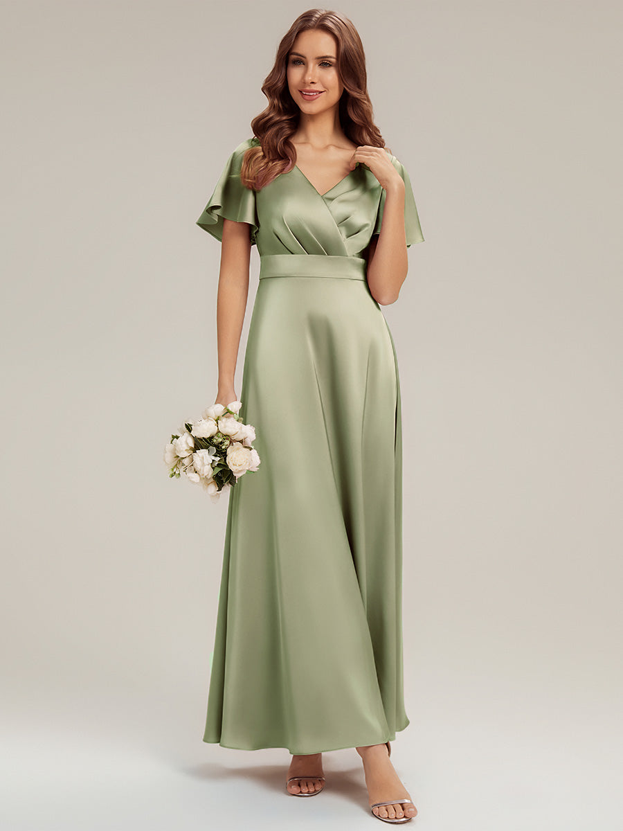Gathered Satin Ruffle Sleeve Bridesmaid Dress #color_Sage Green