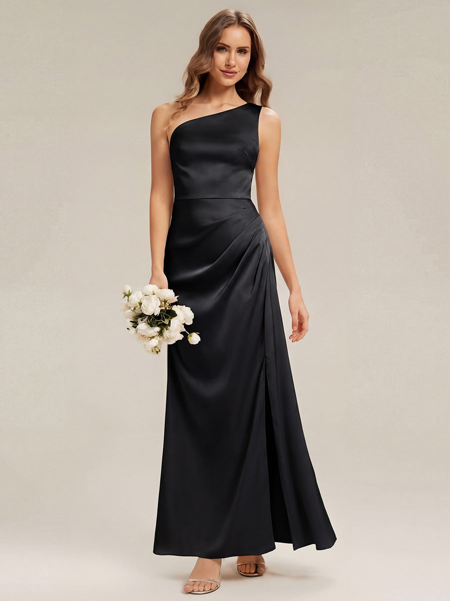 Thigh-High Slit Satin Sleeveless Bridesmaid Dress #color_Black