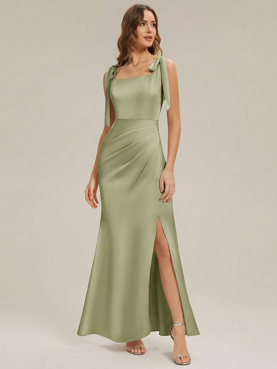 Flowing Ribbons Satin Sleeveless Bridesmaid Dress #color_Sage Green