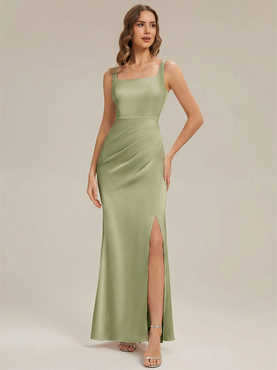 Flowing Ribbons Satin Sleeveless Bridesmaid Dress #color_Sage Green
