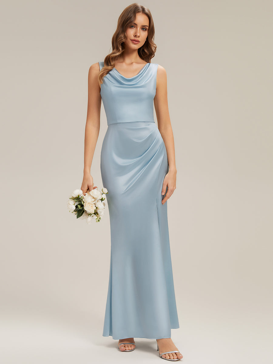 Thigh-High Slit Satin Sleeveless Bridesmaid Dress #color_Sky Blue