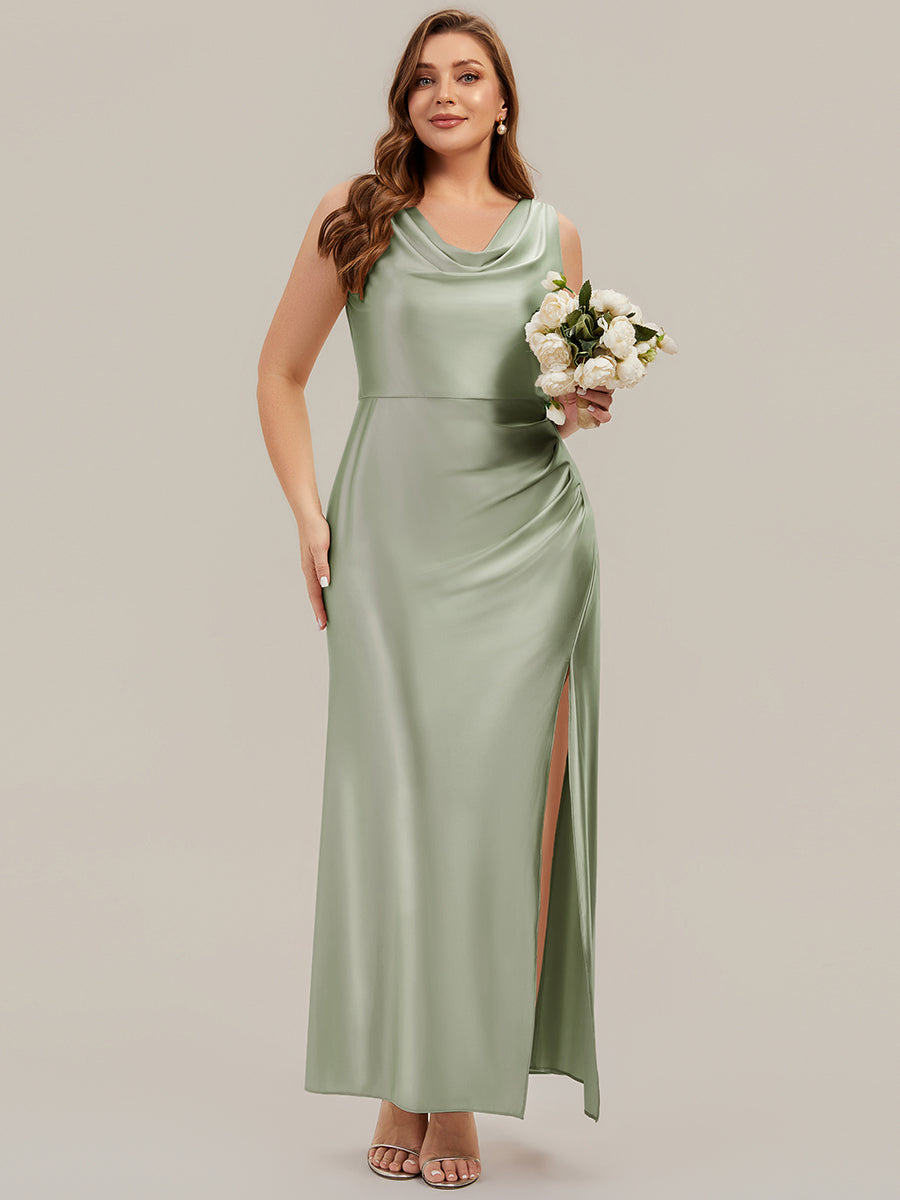 Thigh-High Slit Satin Sleeveless Bridesmaid Dress #color_Sage Green