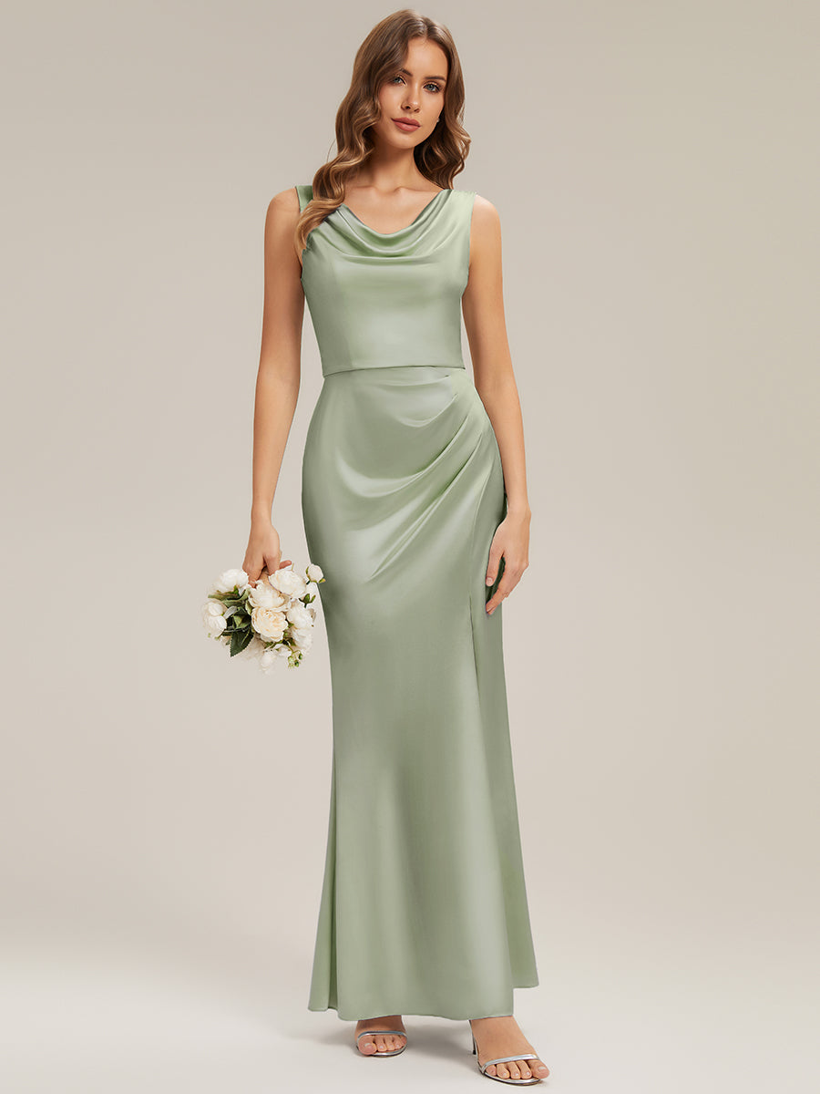 Thigh-High Slit Satin Sleeveless Bridesmaid Dress #color_Sage Green