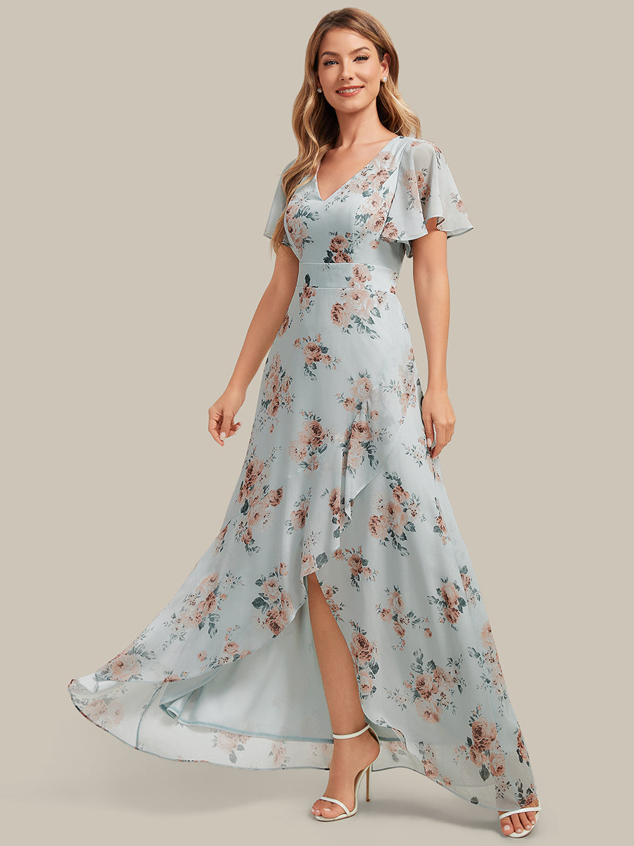 High Low Chiffon Ruffle Sleeve Bridesmaid Dress #color_Amber Bloom