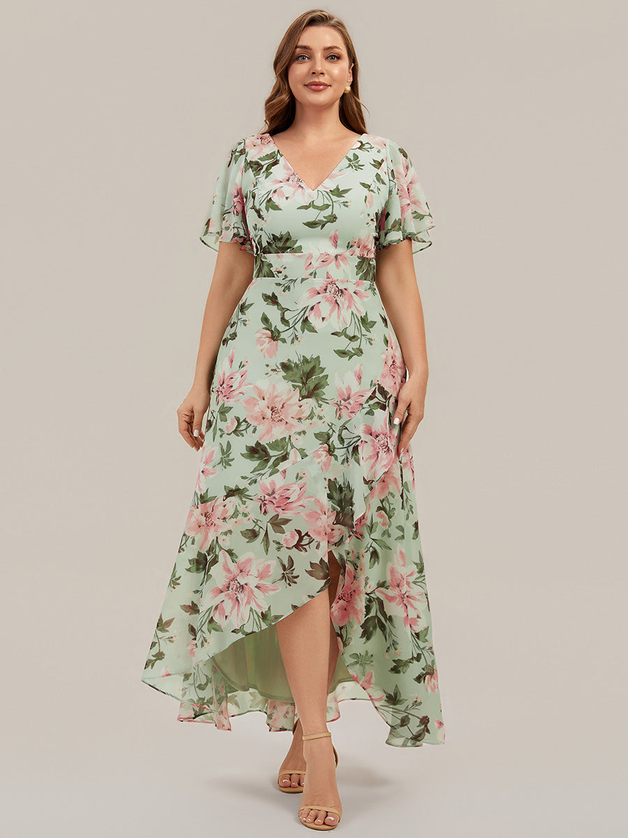 High Low Chiffon Ruffle Sleeve Bridesmaid Dress #color_Light Green Floral