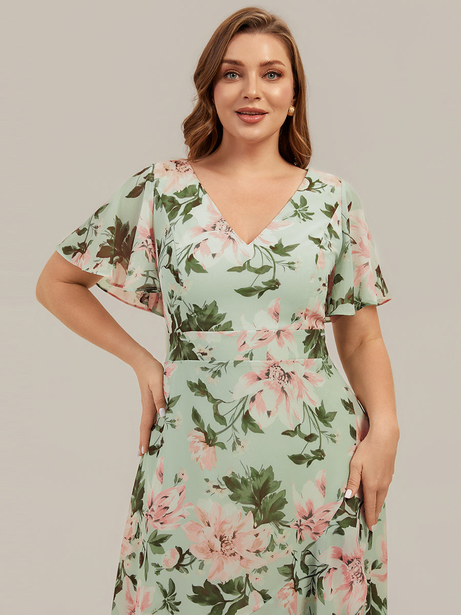 High Low Chiffon Ruffle Sleeve Bridesmaid Dress #color_Light Green Floral