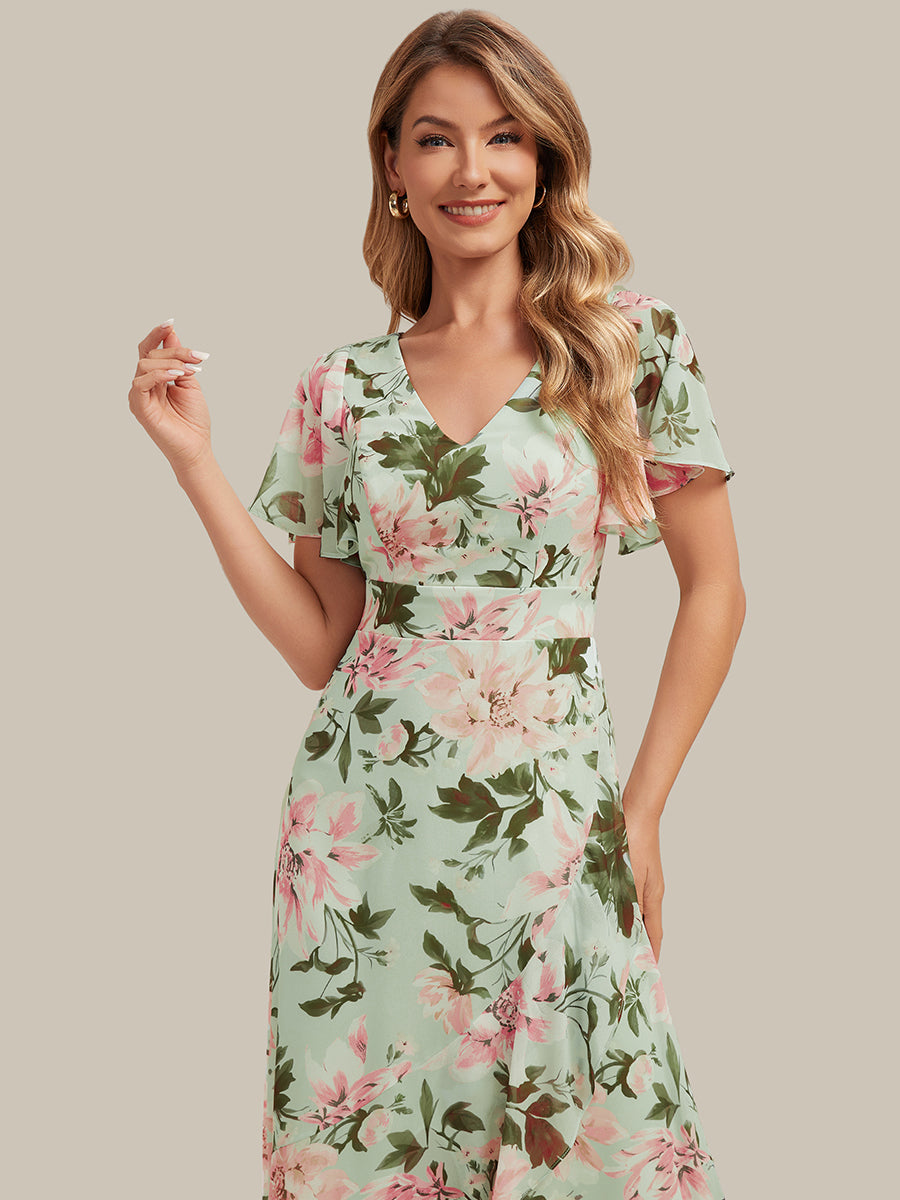 High Low Chiffon Ruffle Sleeve Bridesmaid Dress #color_Light Green Floral