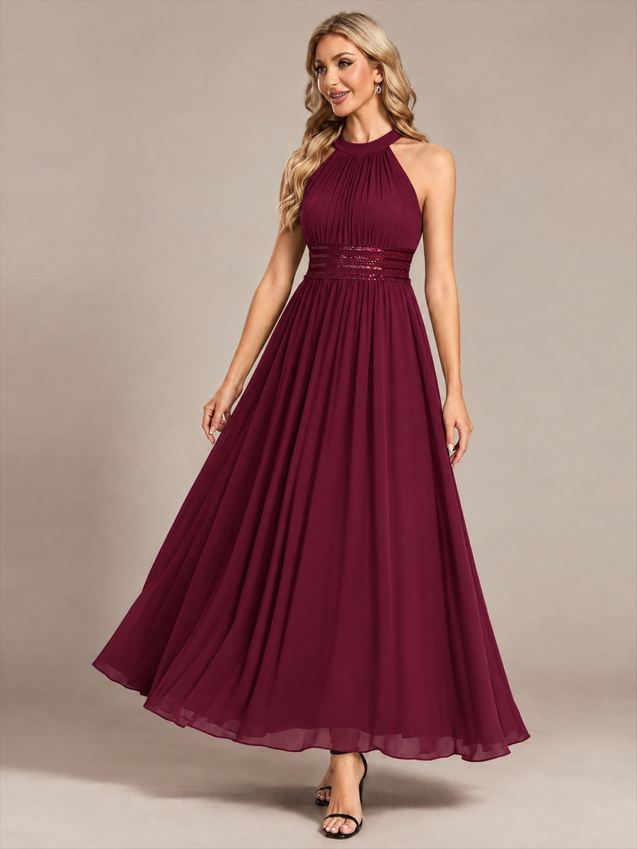 Chiffon Halter Sleeveless A-Line Bridesmaid Dress #color_Burgundy