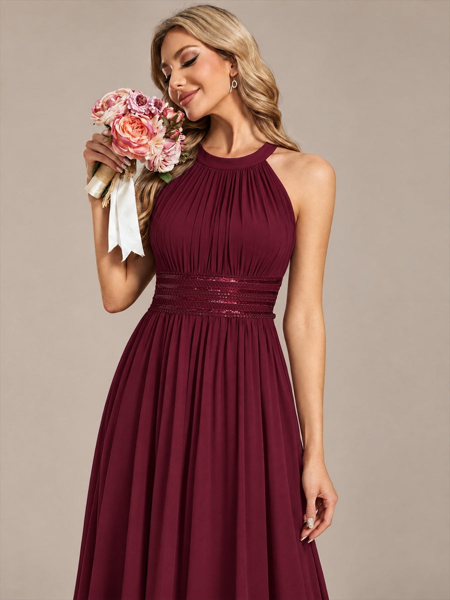 Chiffon Halter Sleeveless A-Line Bridesmaid Dress #color_Burgundy