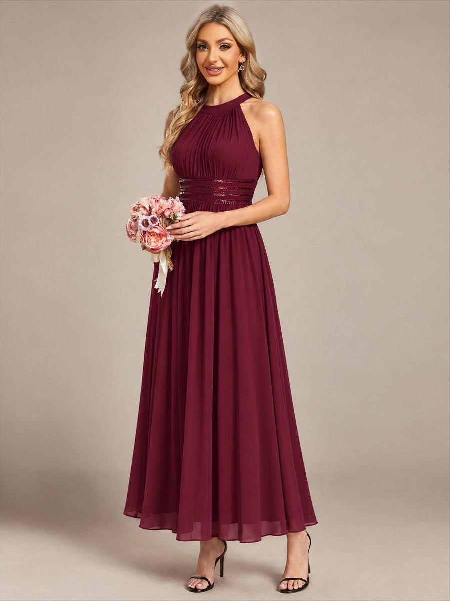 Chiffon Halter Sleeveless A-Line Bridesmaid Dress #color_Burgundy