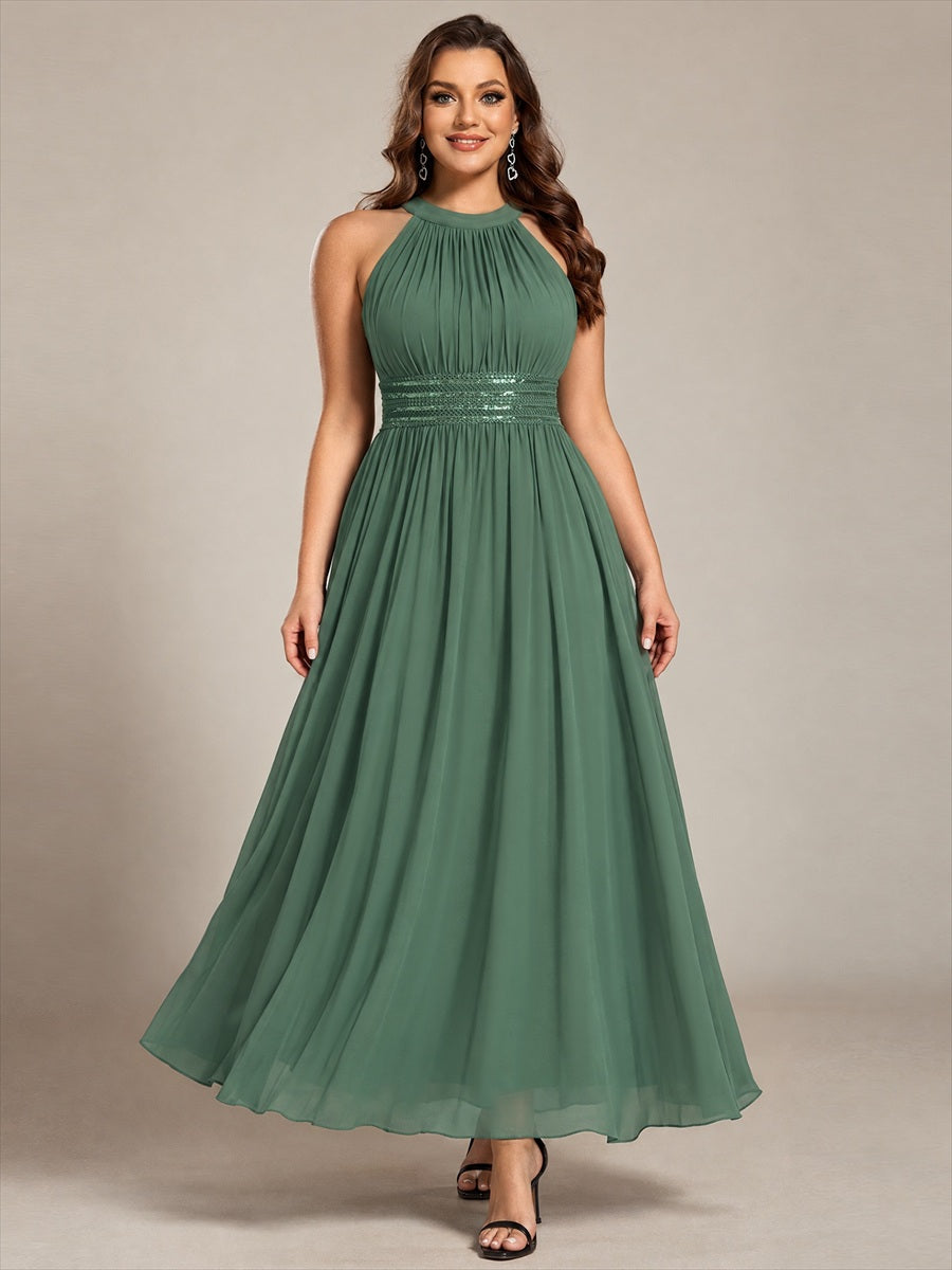 Chiffon Halter Sleeveless A-Line Bridesmaid Dress #color_Eucalyptus