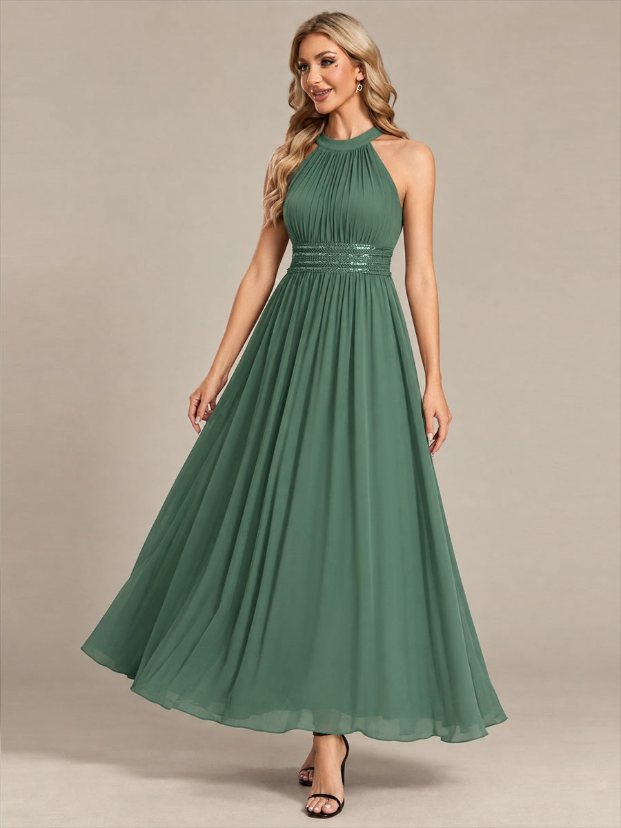 Chiffon Halter Sleeveless A-Line Bridesmaid Dress #color_Eucalyptus
