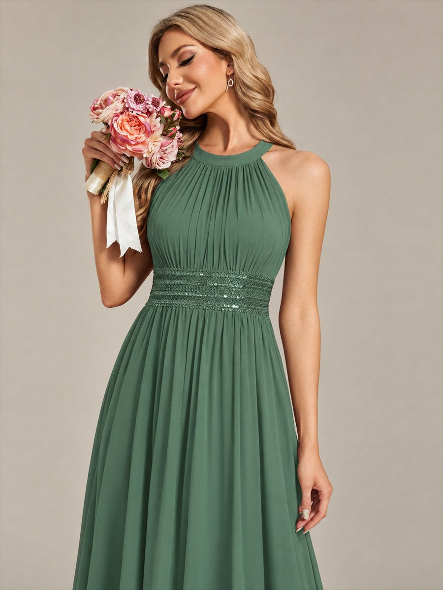 Chiffon Halter Sleeveless A-Line Bridesmaid Dress #color_Eucalyptus