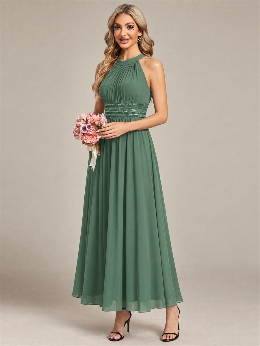 Chiffon Halter Sleeveless A-Line Bridesmaid Dress #color_Eucalyptus