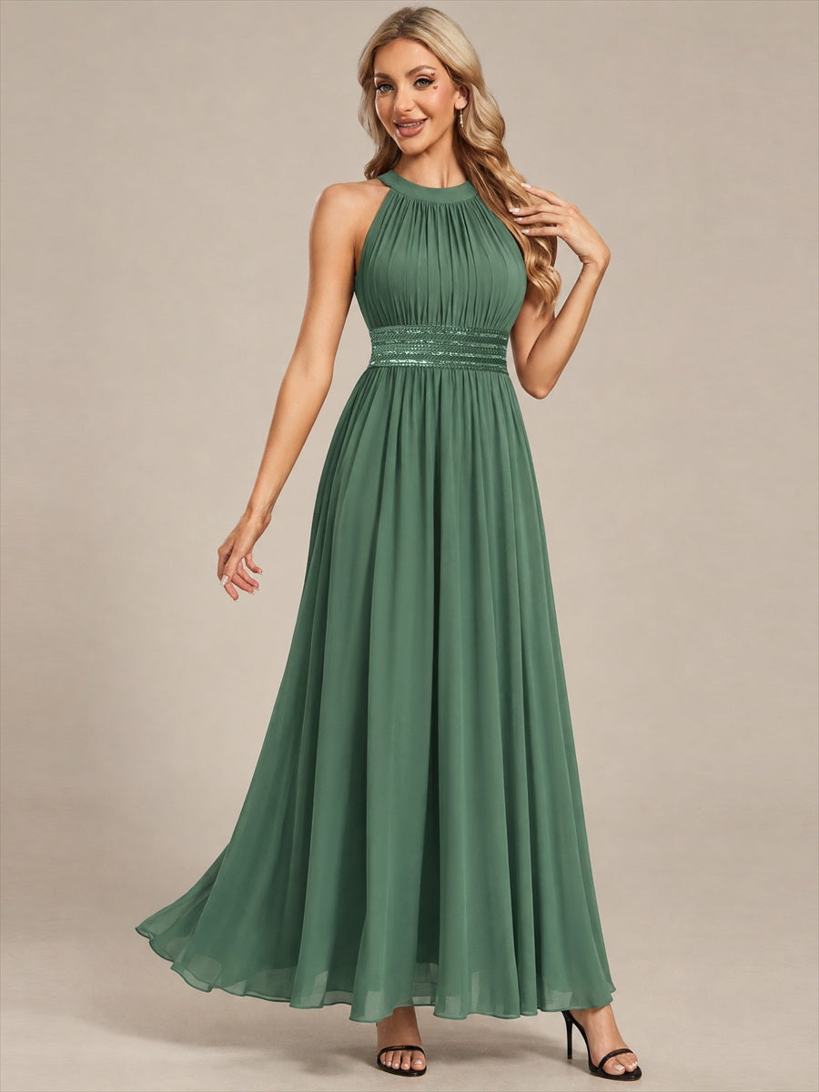 Chiffon Halter Sleeveless A-Line Bridesmaid Dress #color_Eucalyptus