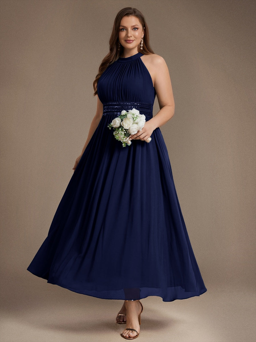 Chiffon Halter Sleeveless A-Line Bridesmaid Dress #color_Navy Blue