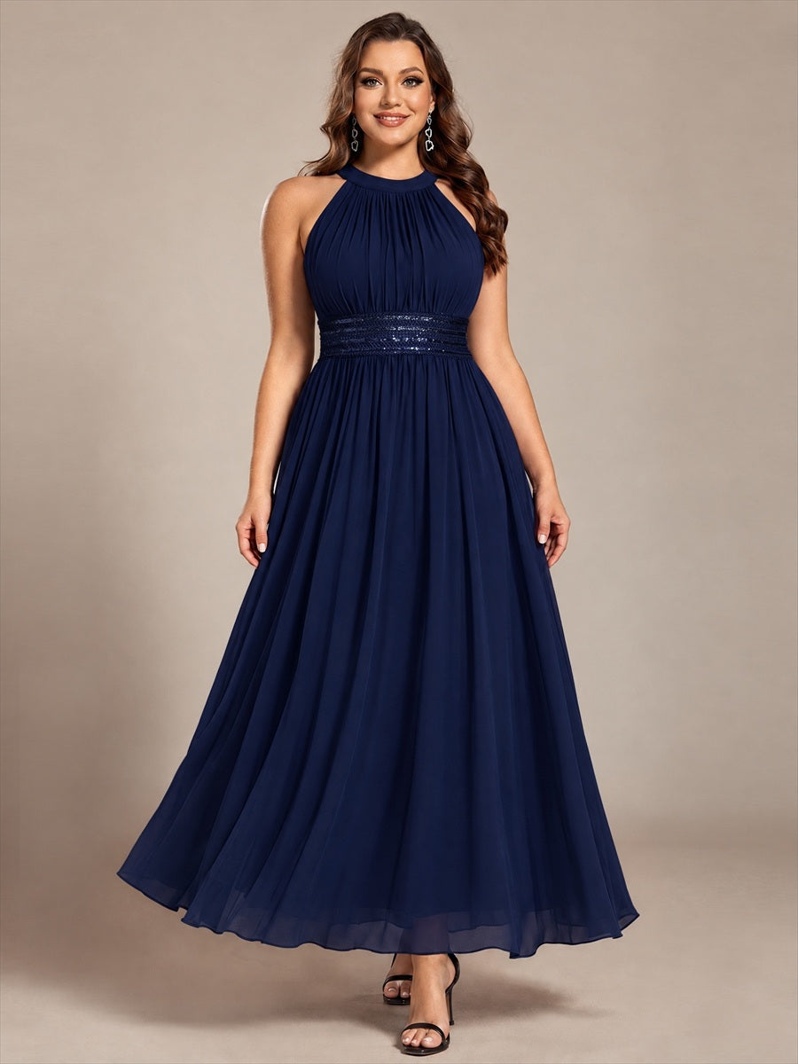 Chiffon Halter Sleeveless A-Line Bridesmaid Dress #color_Navy Blue
