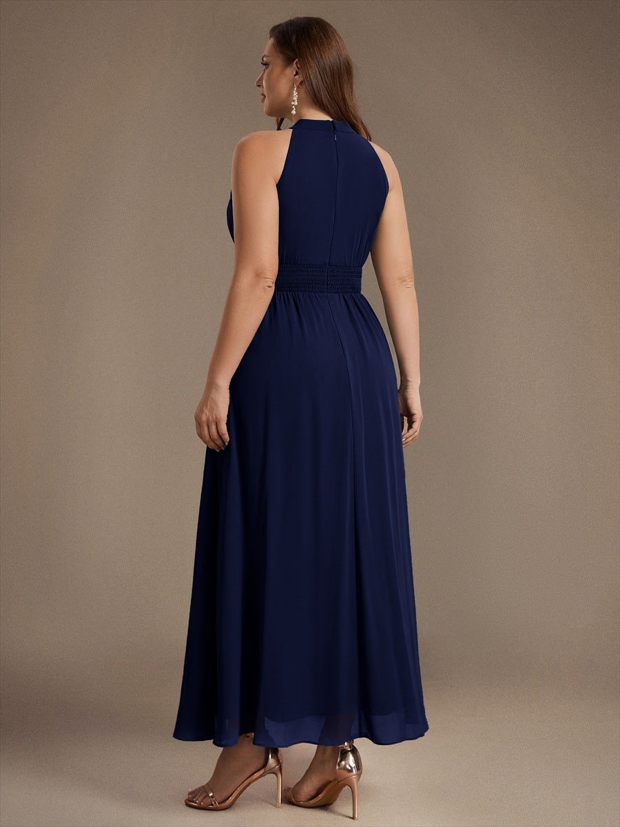 Chiffon Halter Sleeveless A-Line Bridesmaid Dress #color_Navy Blue
