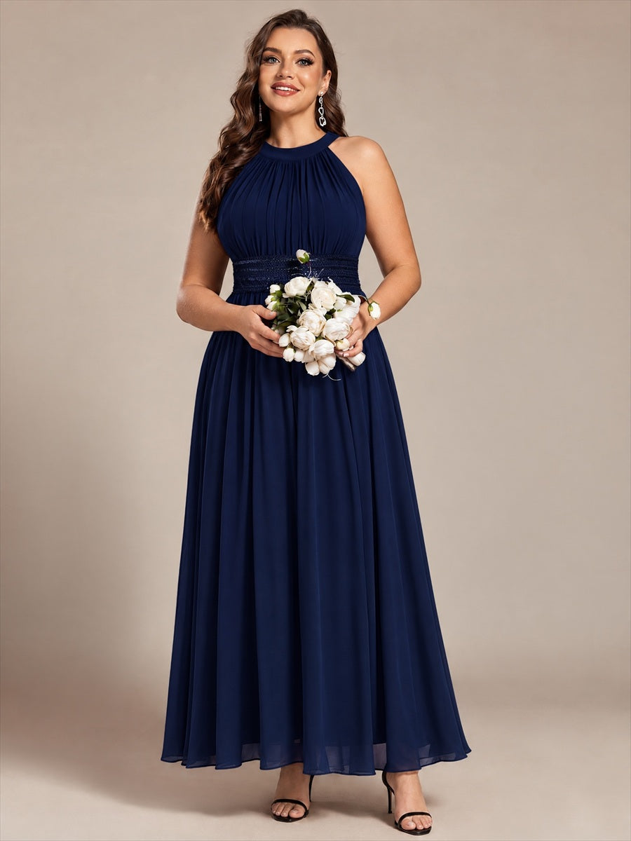 Chiffon Halter Sleeveless A-Line Bridesmaid Dress #color_Navy Blue