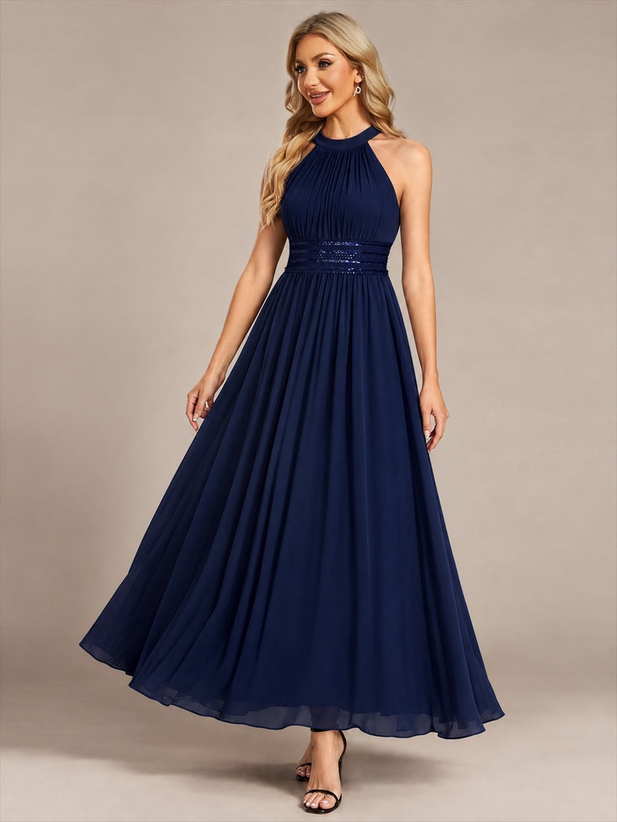 Chiffon Halter Sleeveless A-Line Bridesmaid Dress #color_Navy Blue