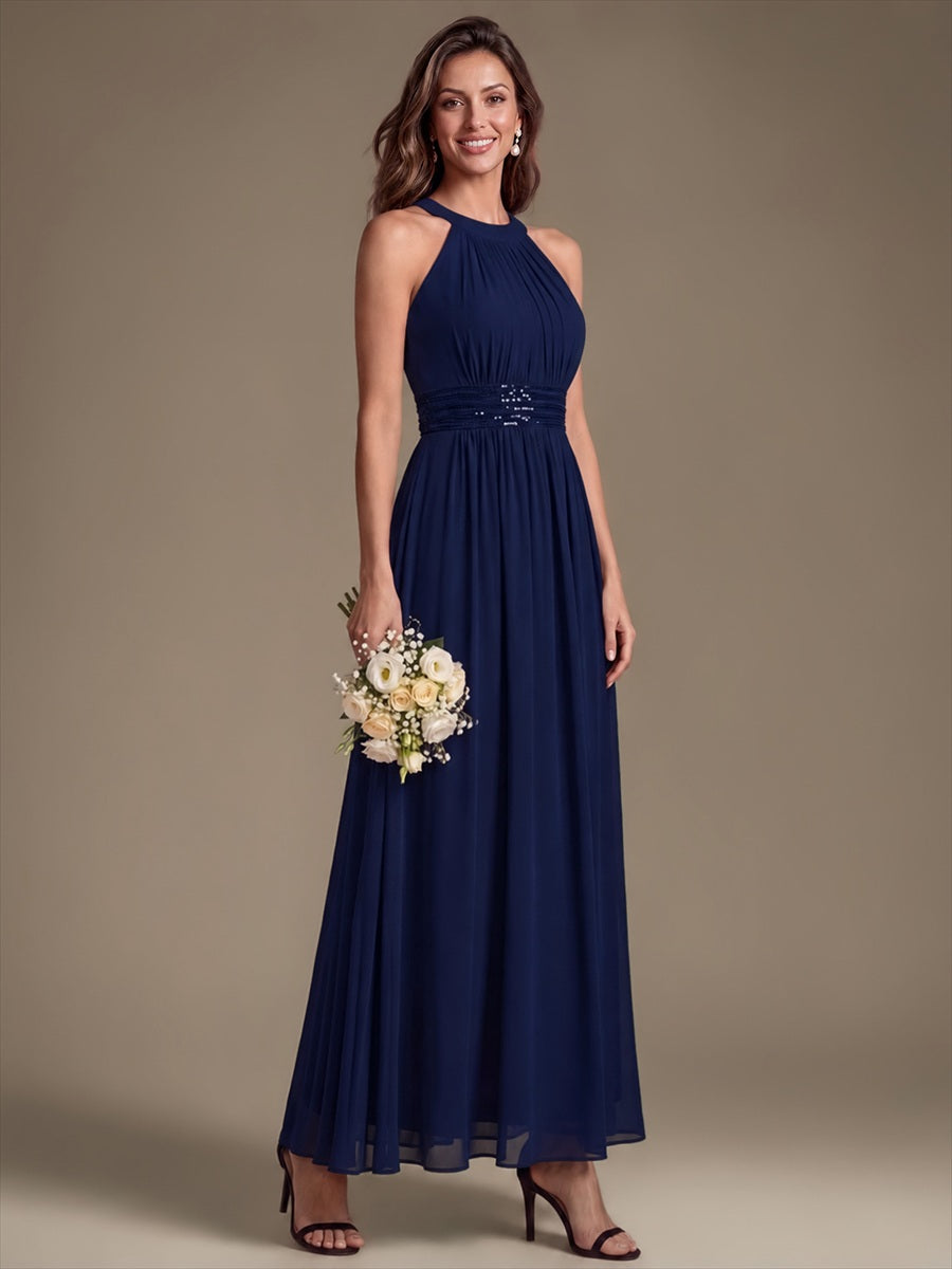 Chiffon Halter Sleeveless A-Line Bridesmaid Dress #color_Navy Blue