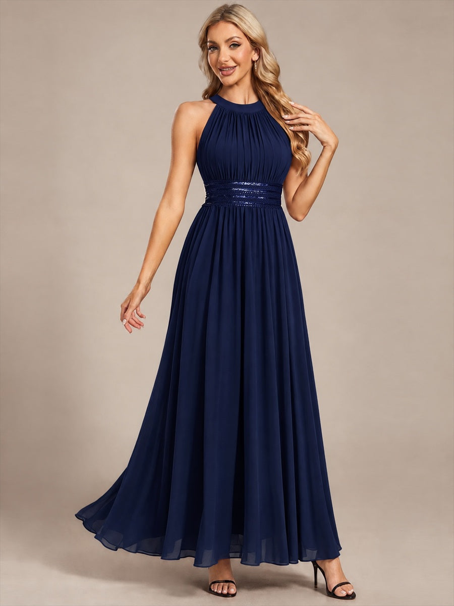 Chiffon Halter Sleeveless A-Line Bridesmaid Dress #color_Navy Blue
