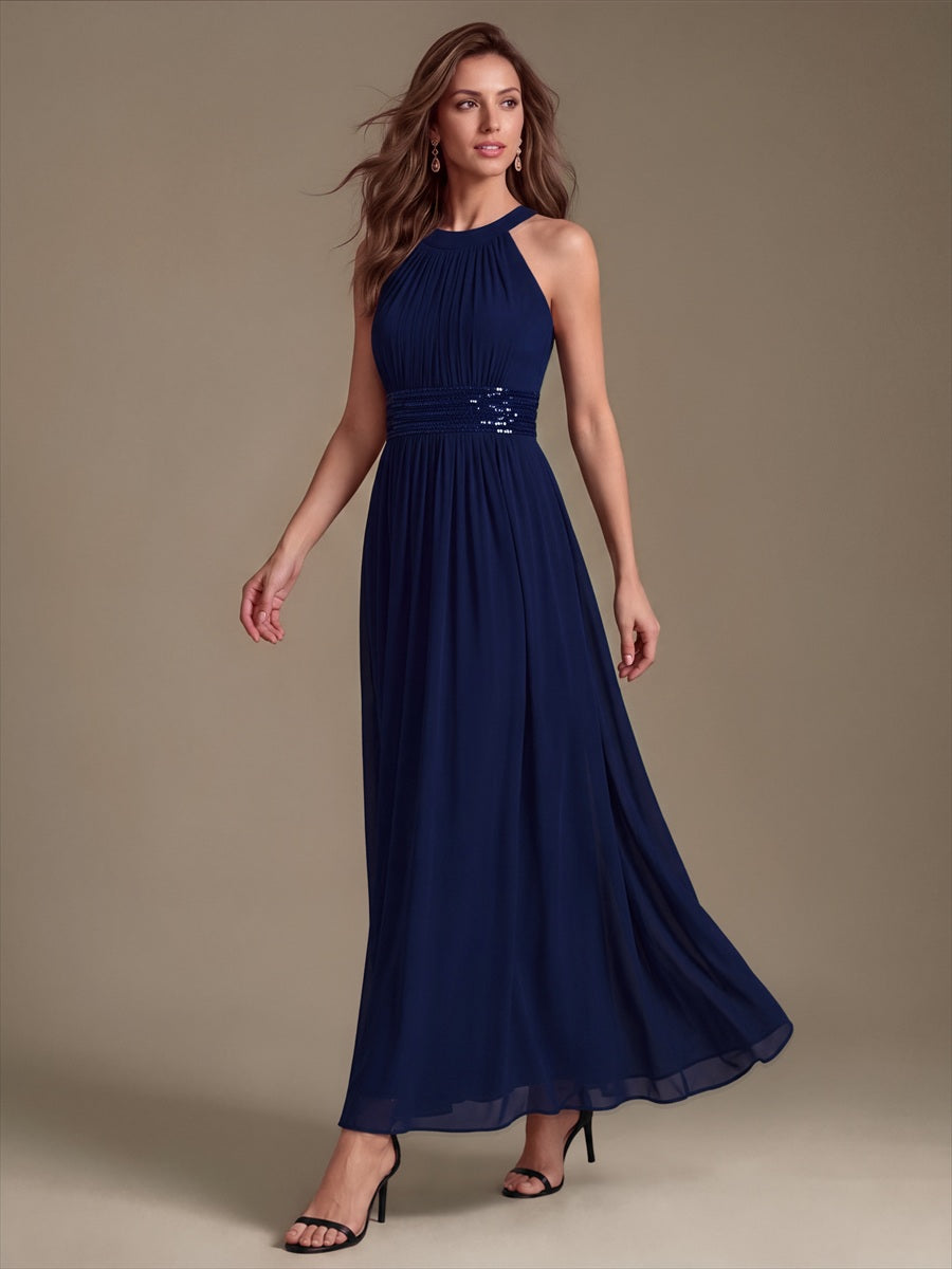 Chiffon Halter Sleeveless A-Line Bridesmaid Dress #color_Navy Blue