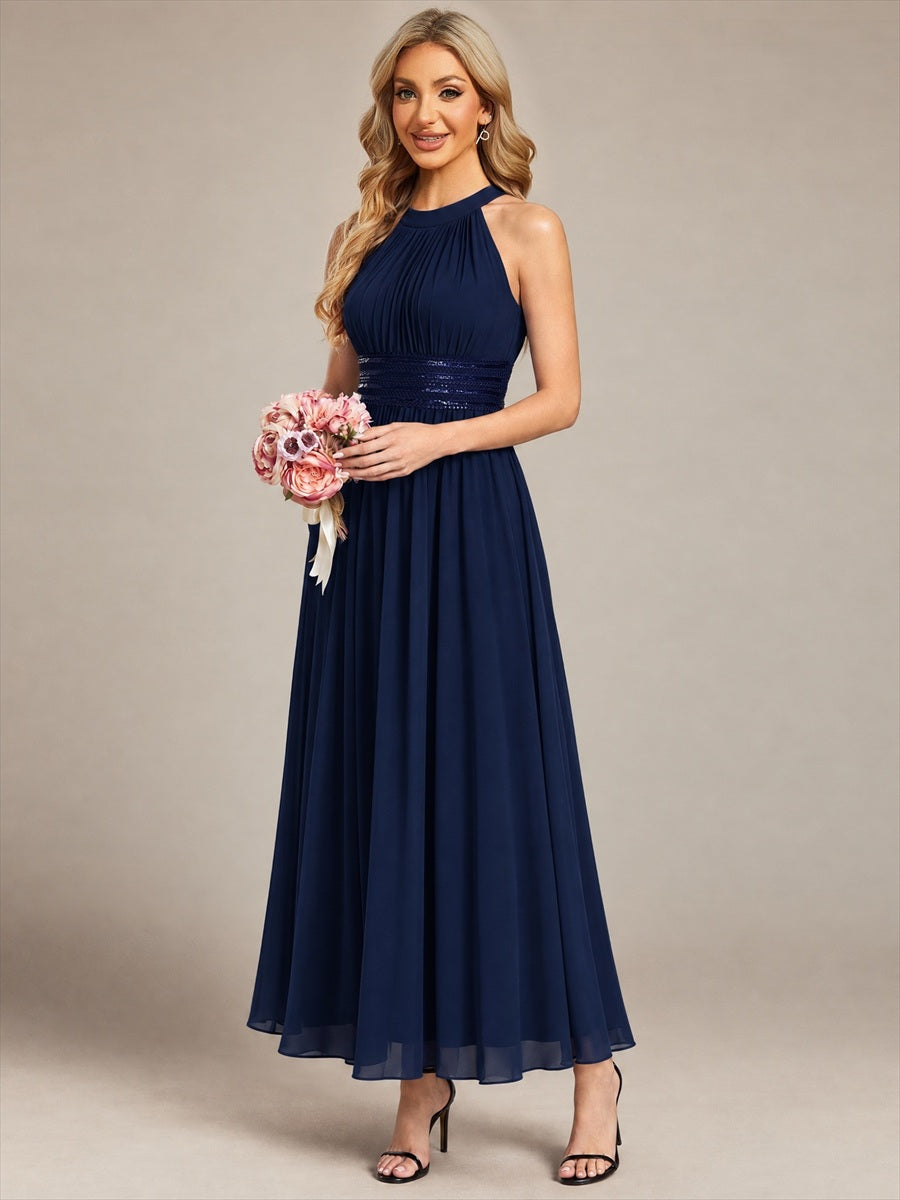 Chiffon Halter Sleeveless A-Line Bridesmaid Dress #color_Navy Blue