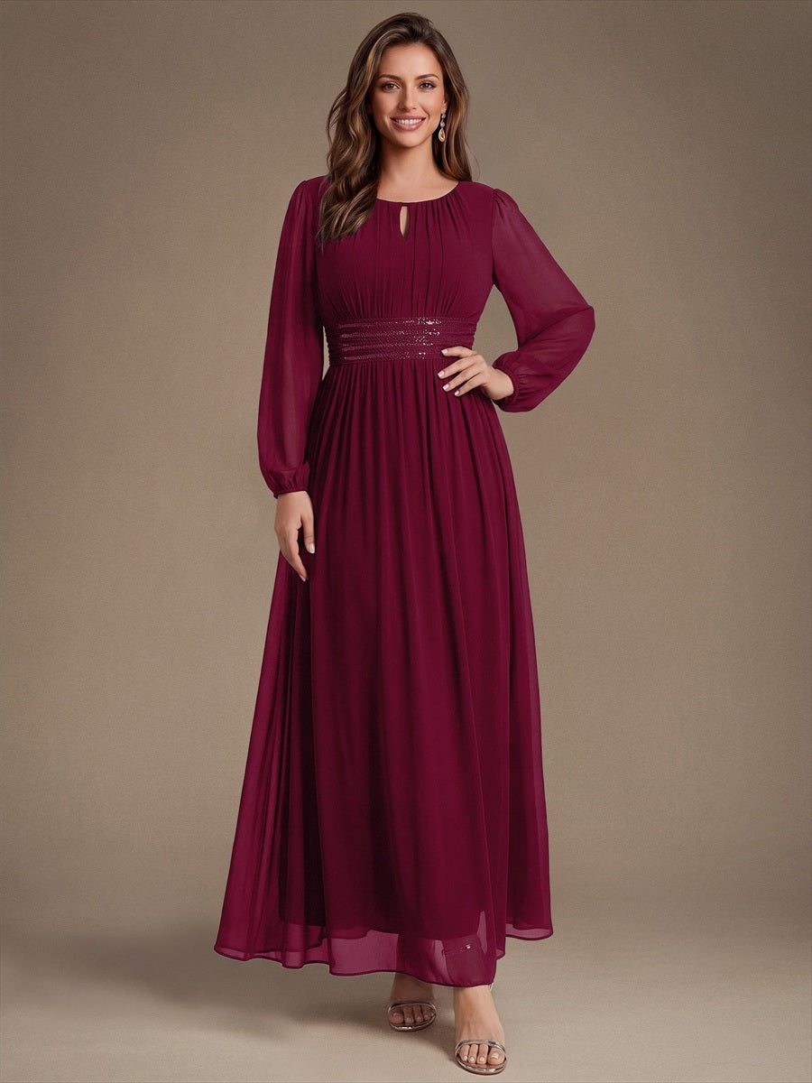 Sequin Chiffon Puff Sleeve Bridesmaid Dress #color_Burgundy
