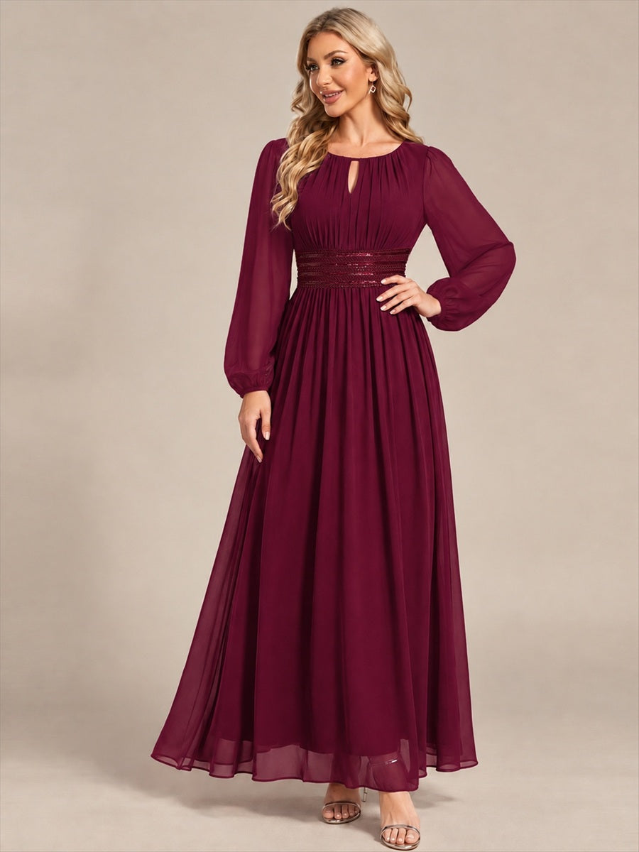 Sequin Chiffon Puff Sleeve Bridesmaid Dress #color_Burgundy