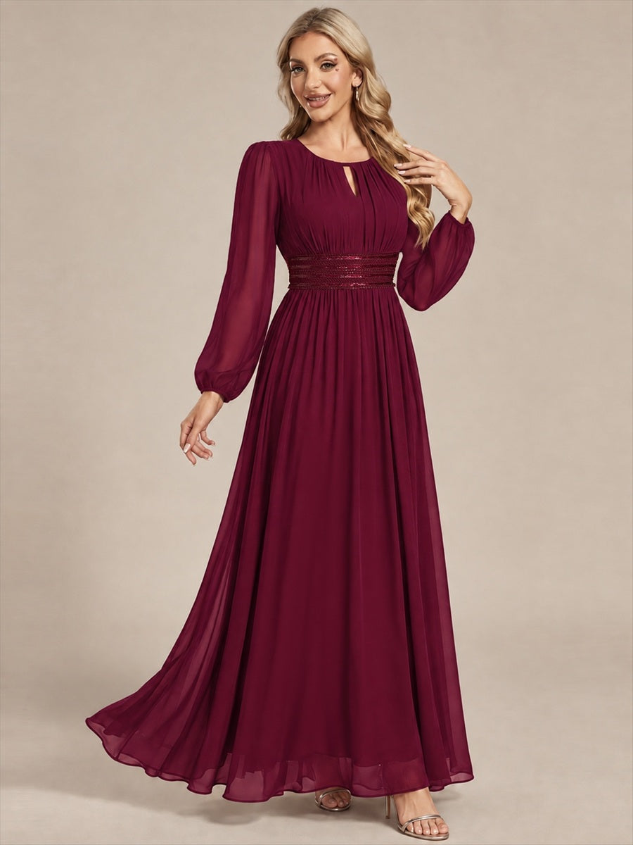 Sequin Chiffon Puff Sleeve Bridesmaid Dress #color_Burgundy