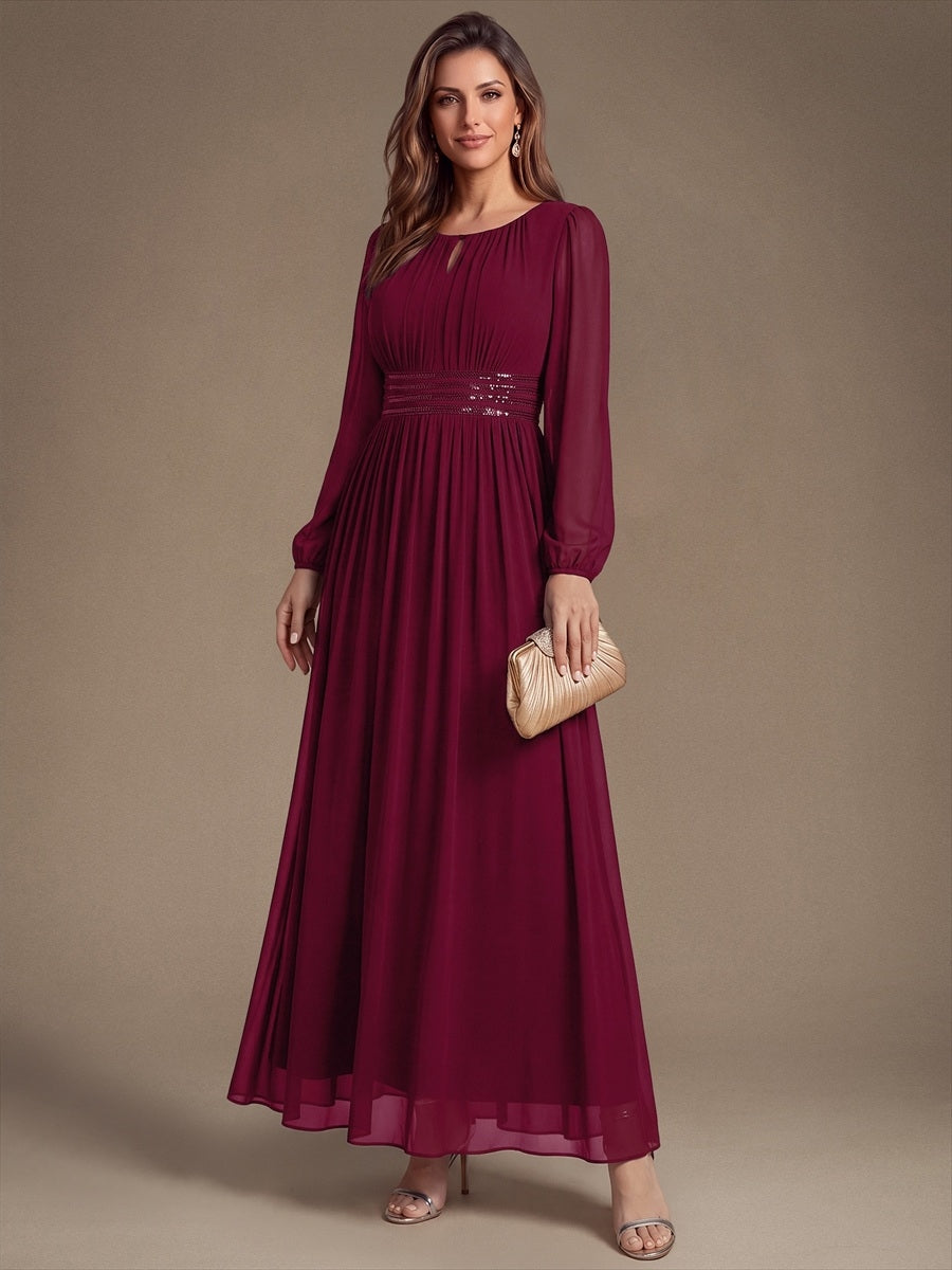 Sequin Chiffon Puff Sleeve Bridesmaid Dress #color_Burgundy