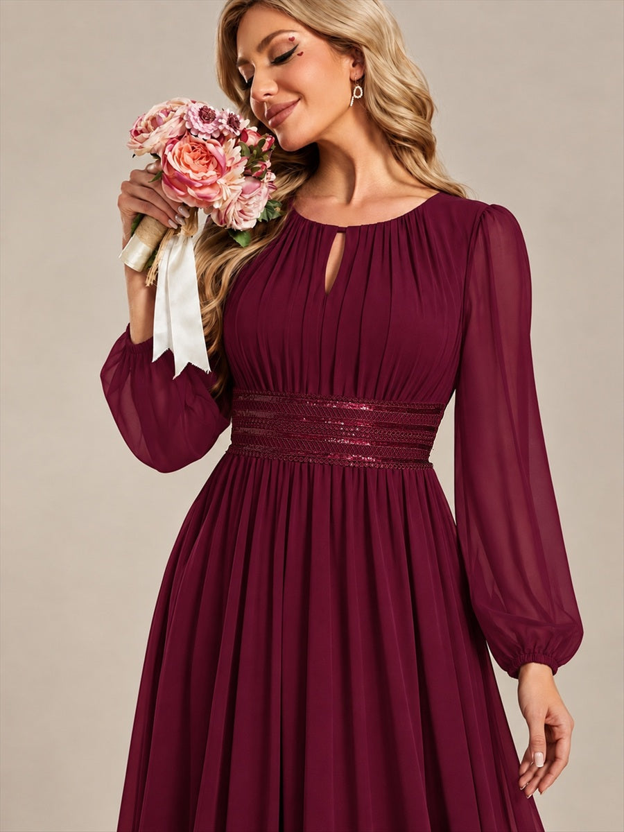 Sequin Chiffon Puff Sleeve Bridesmaid Dress #color_Burgundy