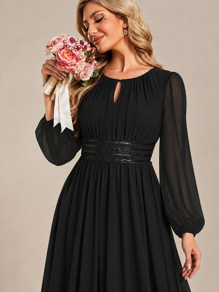 Sequin Chiffon Puff Sleeve Bridesmaid Dress #color_Black
