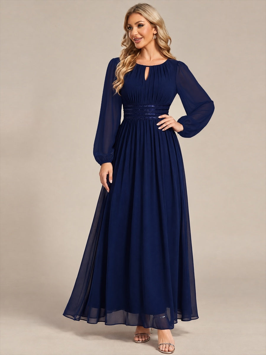 Sequin Chiffon Puff Sleeve Bridesmaid Dress #color_Navy Blue