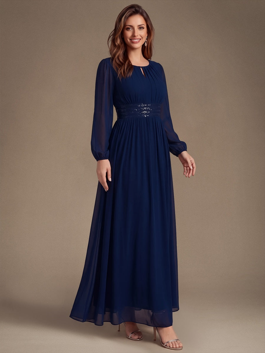Sequin Chiffon Puff Sleeve Bridesmaid Dress #color_Navy Blue