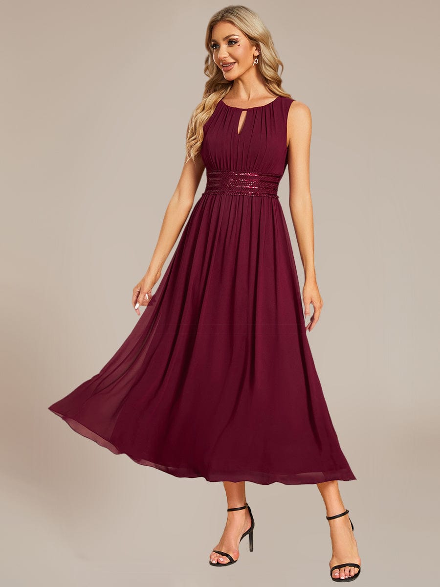 Ruched Chiffon Cutout Sleeveless Dress #color_Burgundy