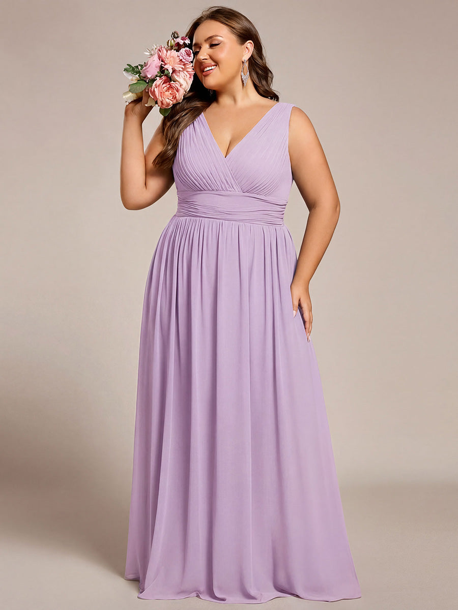 Chiffon Empire Waist Sleeveless Pleated V-neck Bridesmaid Dress #color_Frosted Lilac