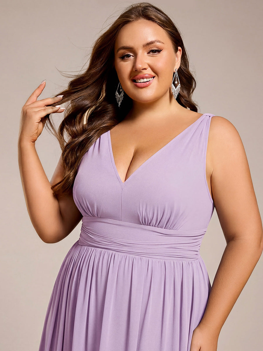 Chiffon Empire Waist Sleeveless Pleated V-neck Bridesmaid Dress #color_Frosted Lilac