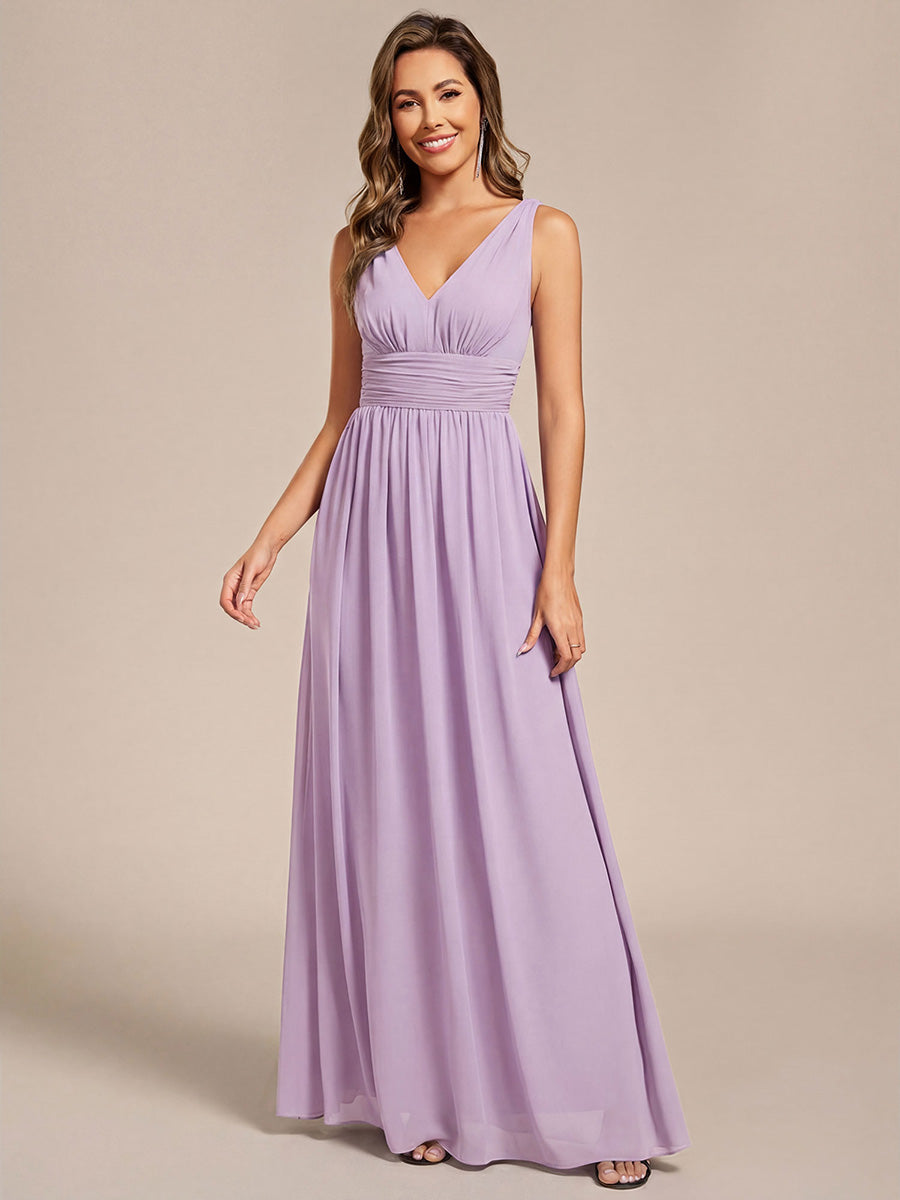 Chiffon Empire Waist Sleeveless Pleated V-neck Bridesmaid Dress #color_Frosted Lilac