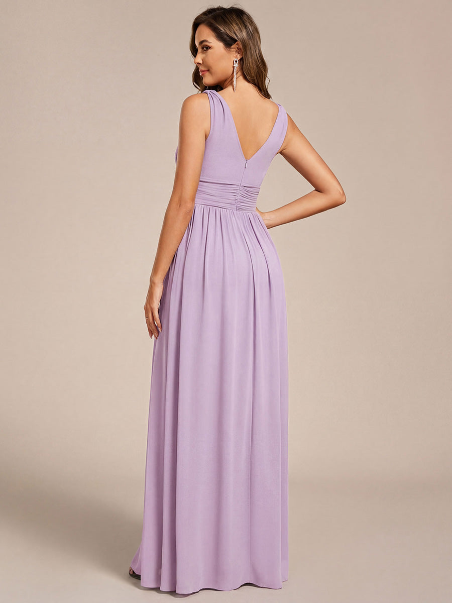 Chiffon Empire Waist Sleeveless Pleated V-neck Bridesmaid Dress #color_Frosted Lilac
