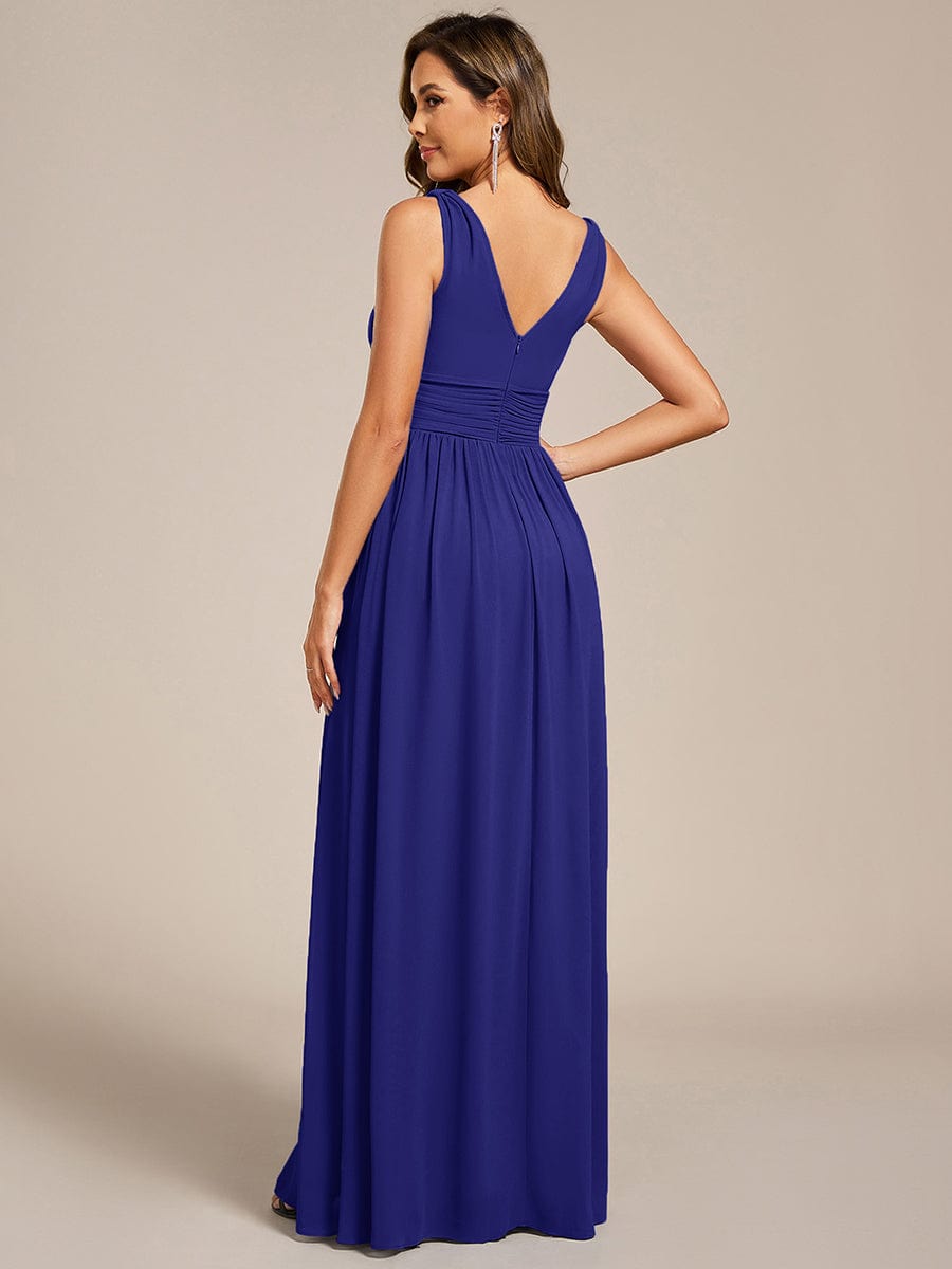 Chiffon Empire Waist Sleeveless Pleated V-neck Bridesmaid Dress #color_Sapphire Blue