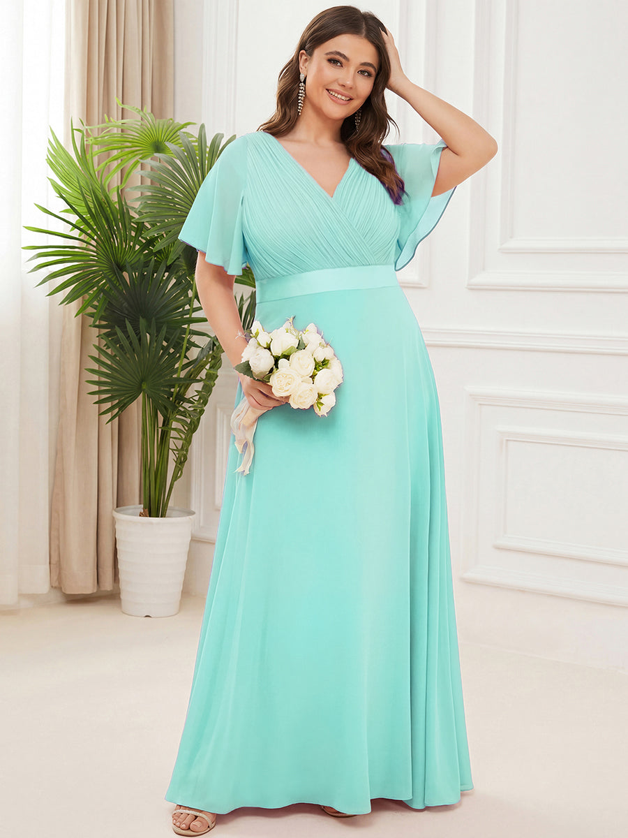 Plus Size Simple Empire Waist Flutter Sleeve Evening Dress #color_Pastel blue