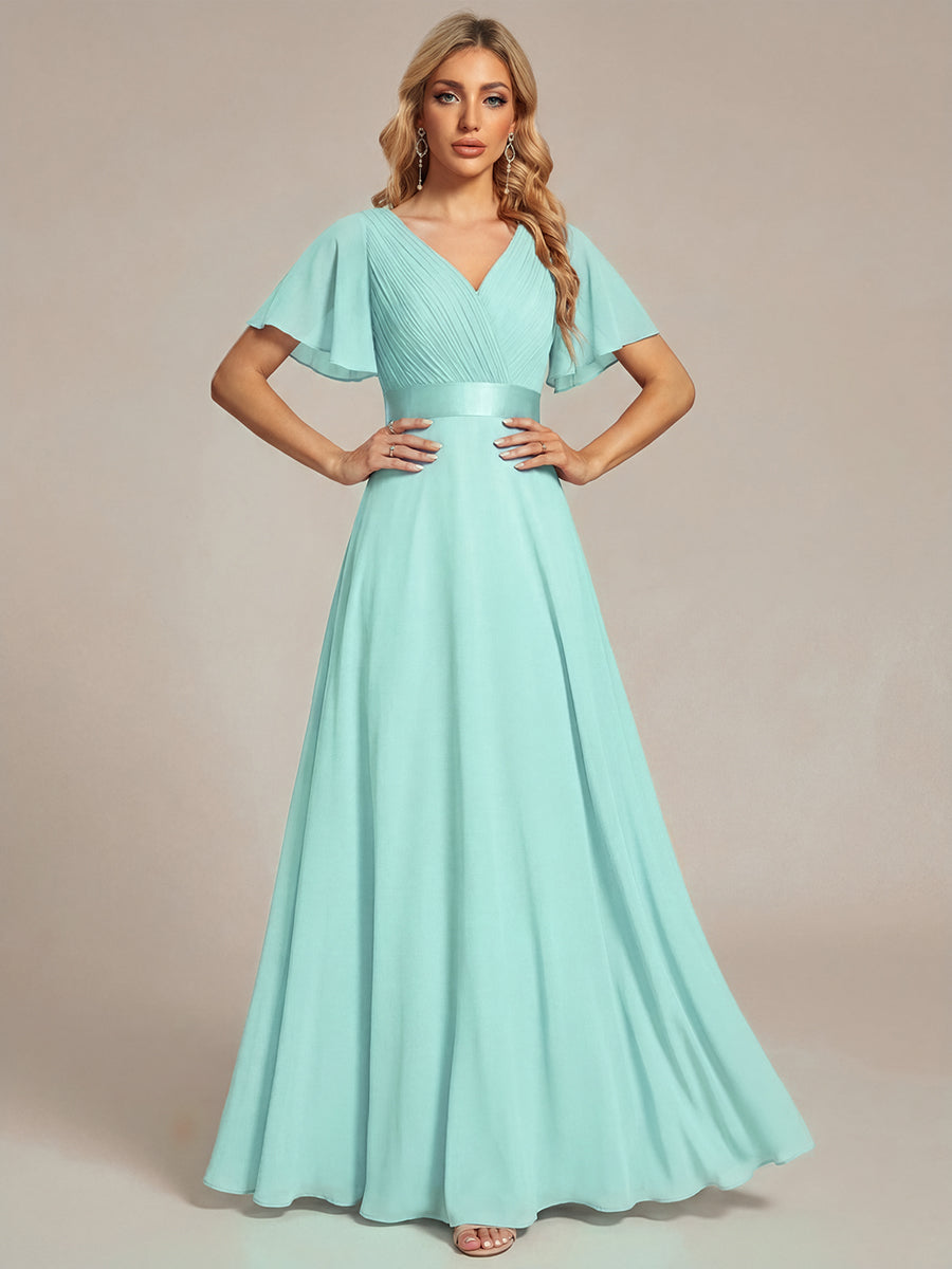 Long Empire Waist Evening Dress with Short Flutter Sleeves #color_Pastel blue