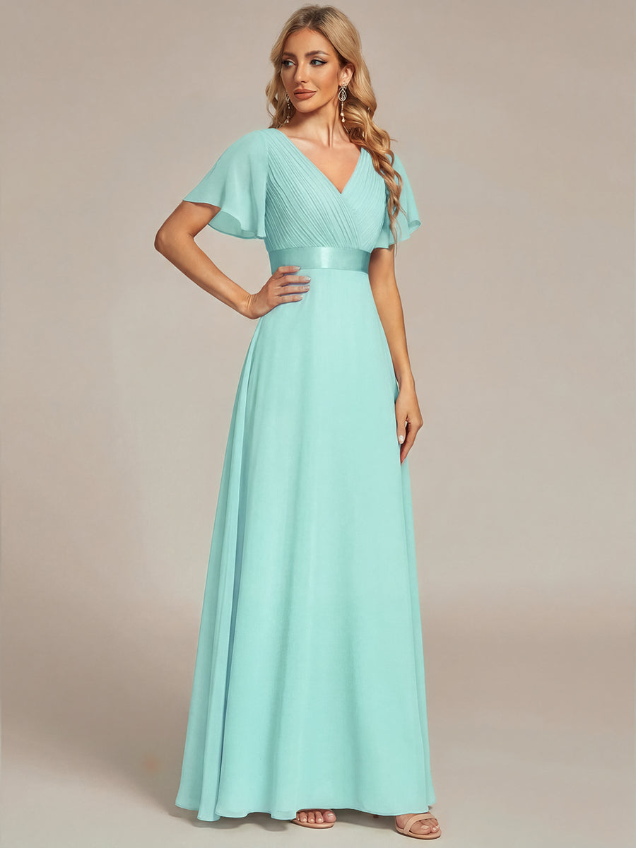 Long Empire Waist Evening Dress with Short Flutter Sleeves #color_Pastel blue