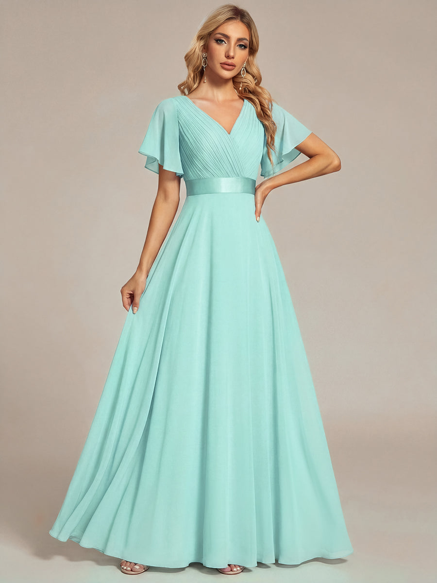 Long Empire Waist Evening Dress with Short Flutter Sleeves #color_Pastel blue