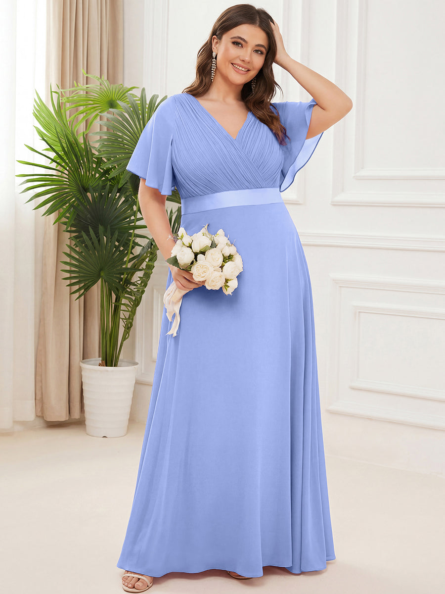 Plus Size Simple Empire Waist Flutter Sleeve Evening Dress #color_CornflowerBlue