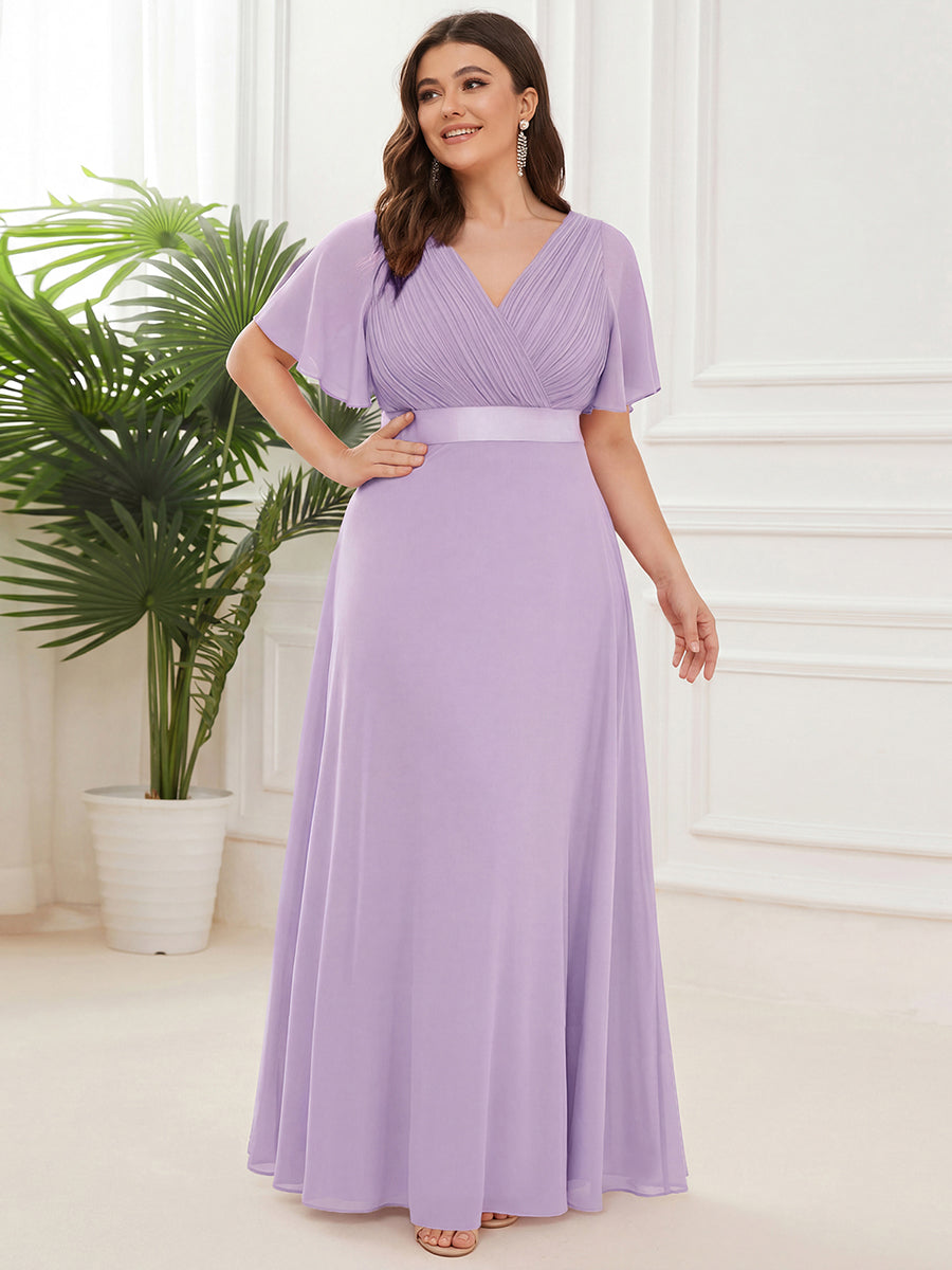 Plus Size Long Empire Waist Evening Dress With Short Flutter Sleeves #color_Frosted Lilac